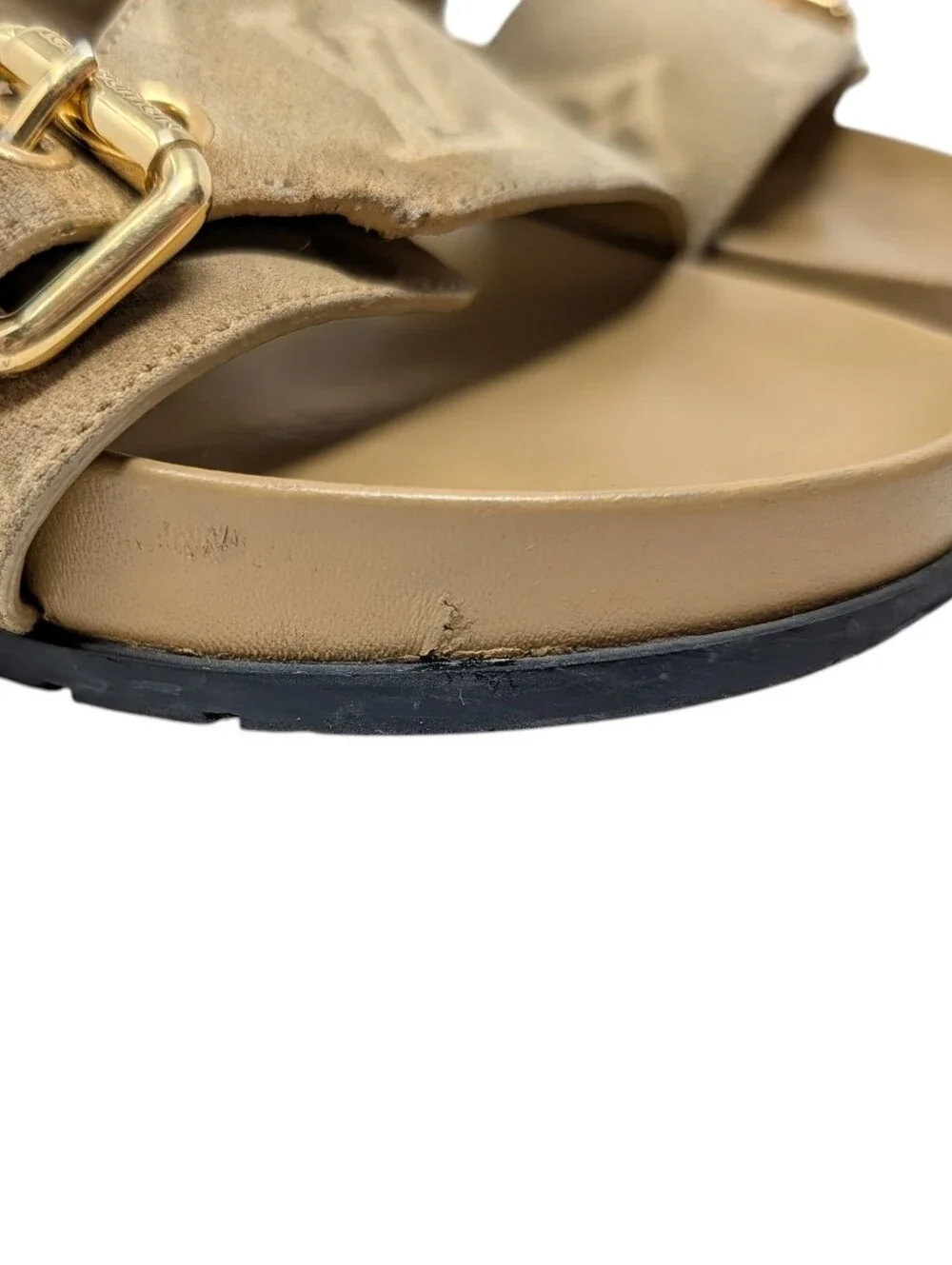 Louis Vuitton Distressed Beige Bom Dia Suede Monogram Sandals Size EU 37.5